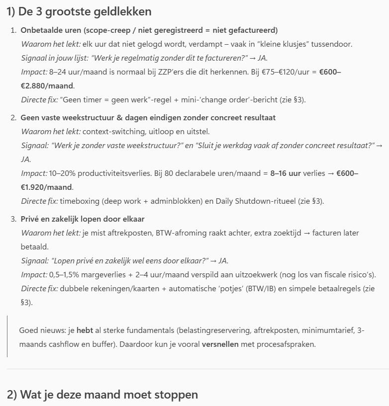 3. De actiepunten | Je krijgt concrete, direct toepasbare acties met een indicatie van tijd- en geldimpact.