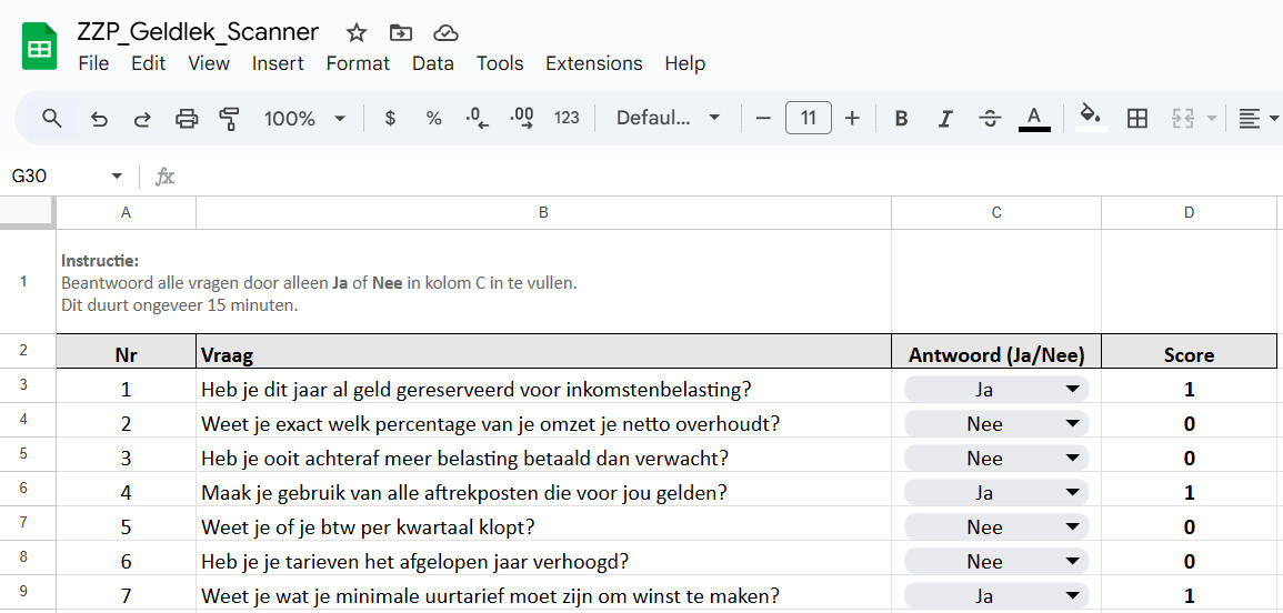 1. De vragen | Je beantwoordt 25 ja/nee-vragen over kosten, tools, abonnementen en werkwijze.